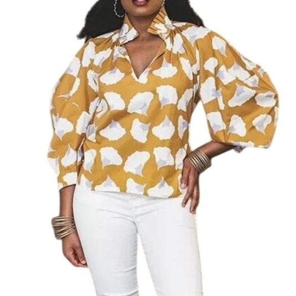 Raiment Beautiful Wright Blouse‎ Large Top Yellow White Cotton 3/4 Sleeve Blouse